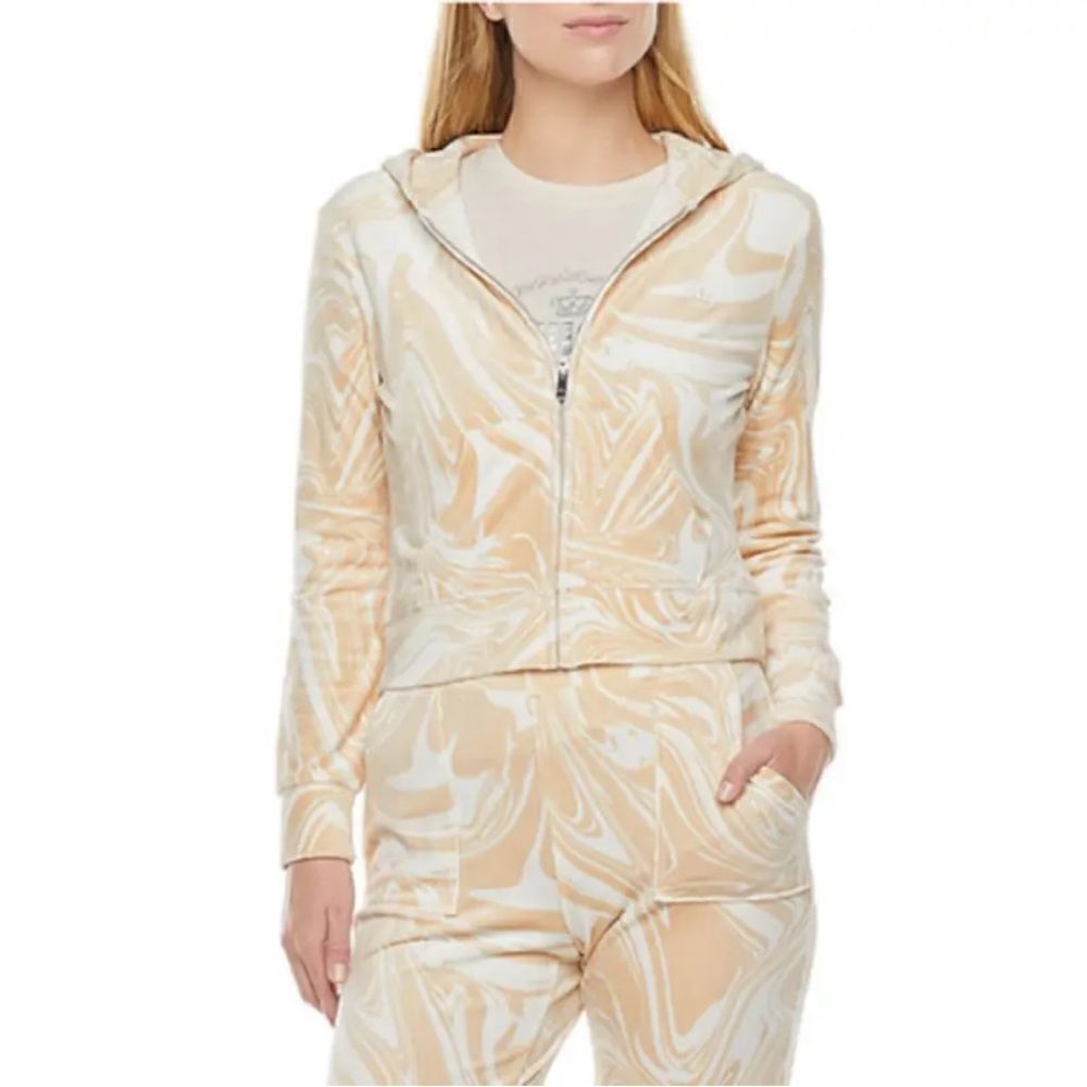 Juicy Women’s Couture Beachwood Swirls Sherpa Zip Sweater in Tan